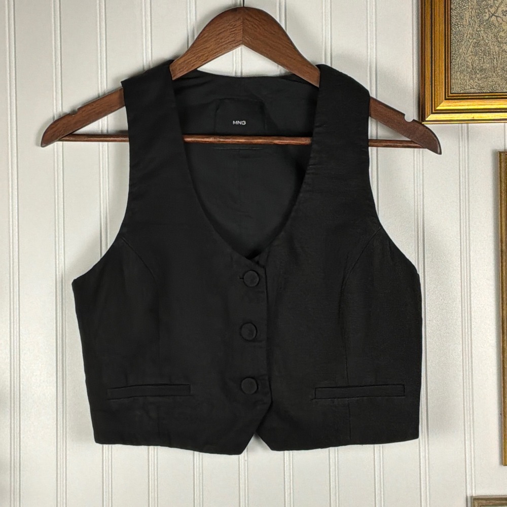 MNG Suit Vest Women S Black Excellent Linen Blend Cropped Waistcoat
